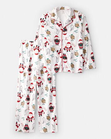 Adult Beige Santa Milk & Cookies Long-Sleeve Loose Fit 2-Piece Pajamas - White, 