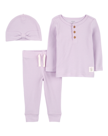 Baby 3-Piece Ribbed Outfit Set - Purple, 