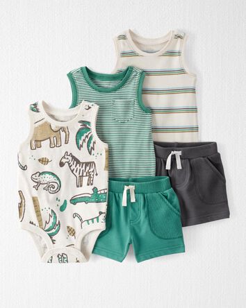 Baby 5-Piece Organic Cotton Bodysuits & Waffle Knit Shorts Set, 