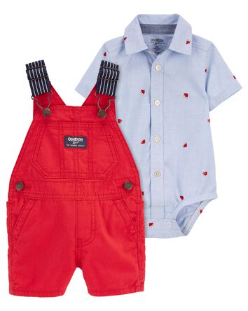 Baby 2-Piece Button-Front Bodysuit & Canvas Shortalls Set, 