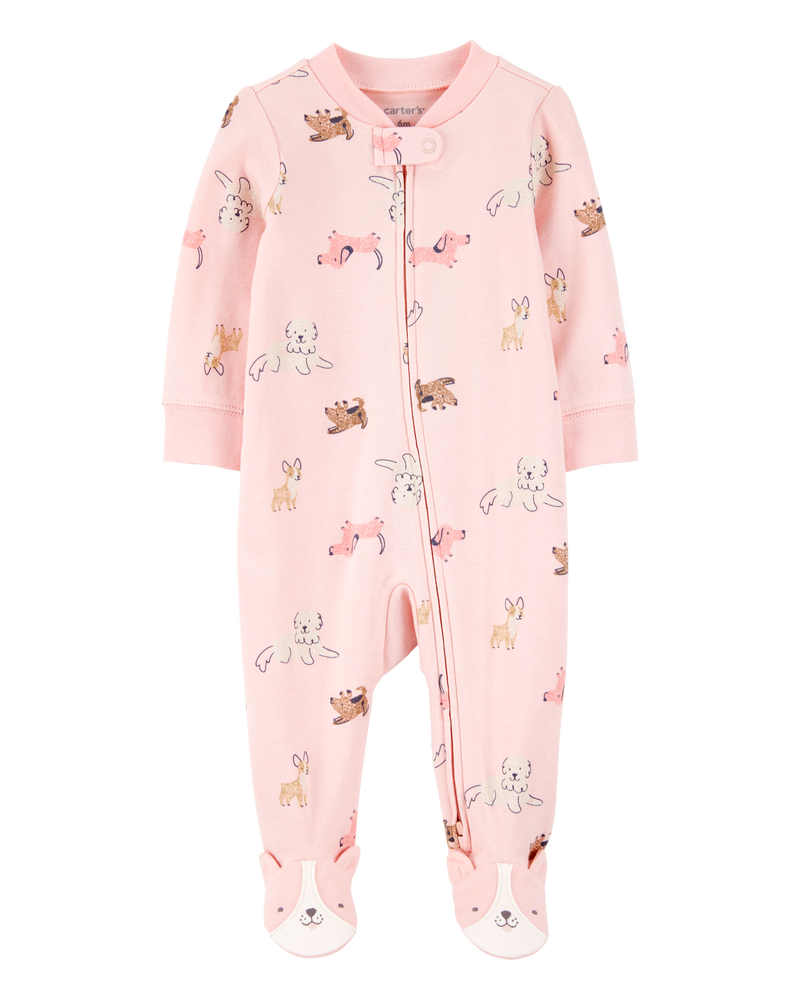 Baby Girl Dog Print 2-Way Zip Cotton Sleep & Play Pajamas - Pink, image 1 of 4 slides