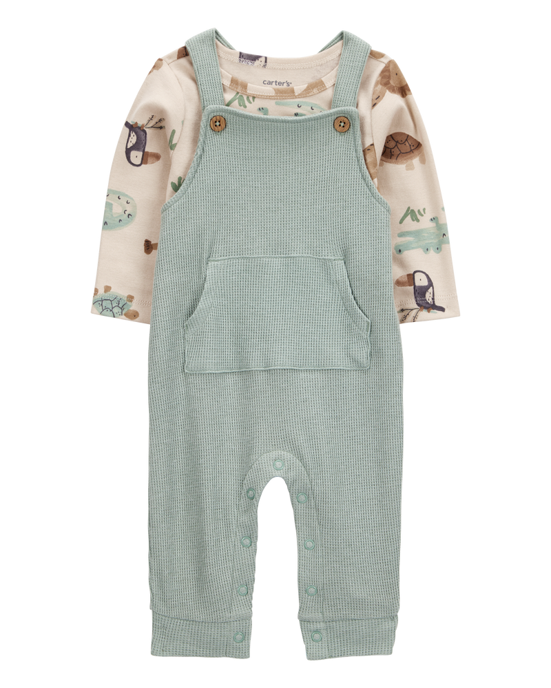 Baby 2-Piece Long-Sleeve Tee & Waffle Knit Coverall Set - Green, image 1 of 6 slides