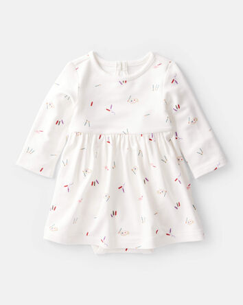 Baby Girl Paint Print PurelySoft Long-Sleeve Bodysuit Dress - Ivory, 