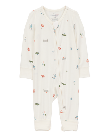 Baby Girl Camp Print 2-Way Zip PurelySoft Convertible Foot Sleep & Play Pajamas - Ivory, 