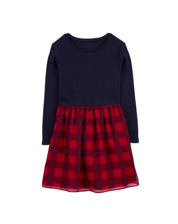 Kid Long-Sleeve Plaid Dress, 