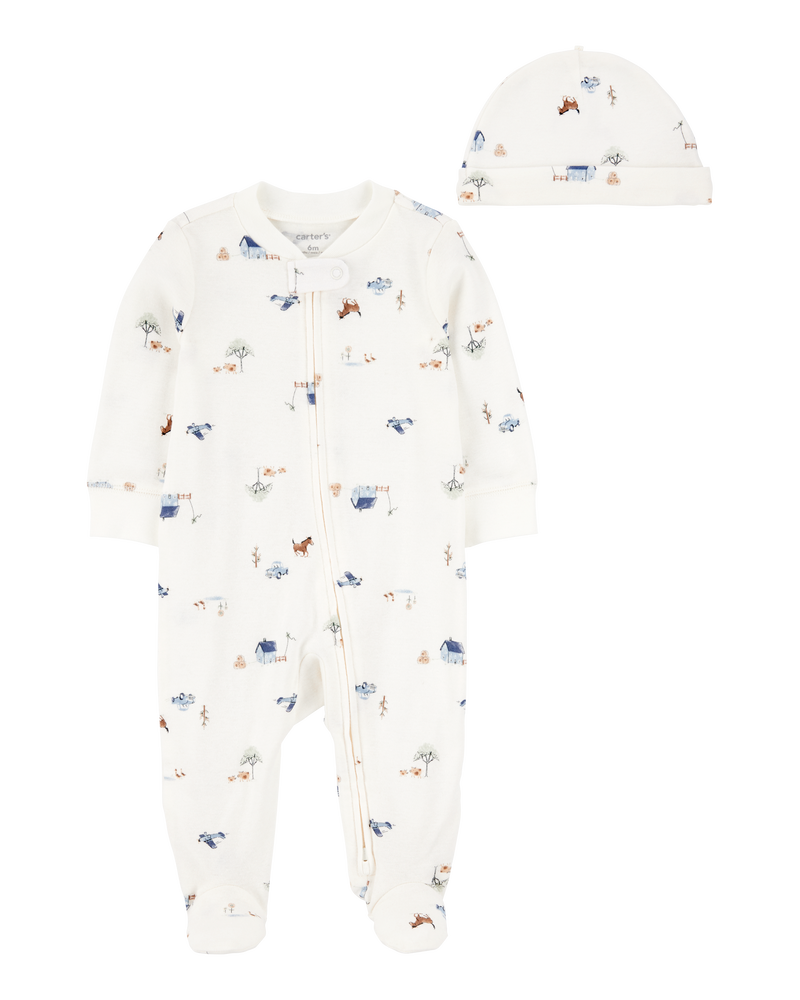 Baby 2-Piece 2-Way Zip Sleep & Play & Cap Set - Ivory/Blue, image 1 of 3 slides