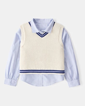 Kid 2-Piece Button-Front Shirt & Sweater Vest Top - Blue/White, 