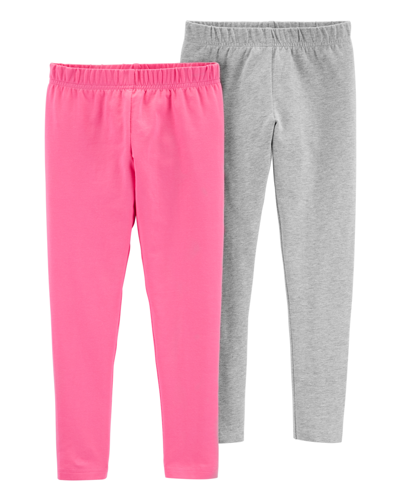 Kid 2-Pack Pink & Grey Cotton Stretch Leggings, image 1 of 4 slides