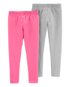 Kid 2-Pack Pink & Grey Cotton Stretch Leggings, image 1 of 4 slides