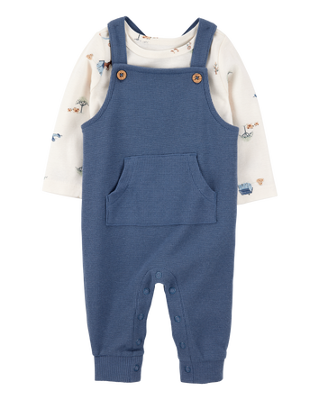 Baby 2-Piece Long-Sleeve Tee & Waffle Knit Coverall Set - Blue/White, 