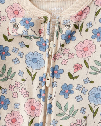 Baby Girl Floral 100% Cotton Snug Fit 2-Way Zip Footie 1-Piece Pajamas - Ivory, 