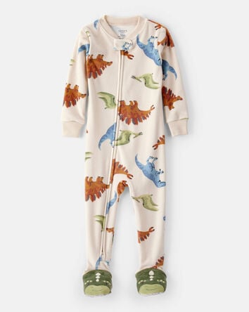 Baby Boy Dinosaur Print Loose Fit Long-Sleeve 2-Way Zip 1-Piece Pajamas - Tan, 