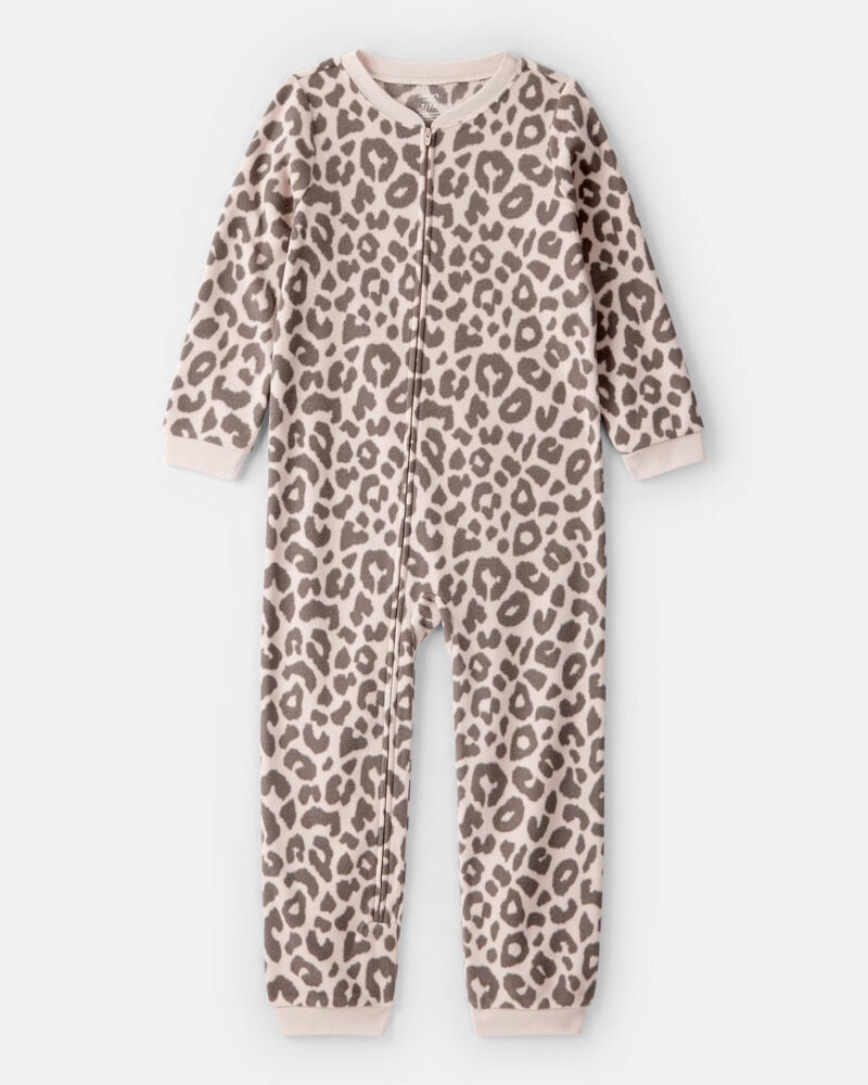 Girls Leopard Print Fleece Long-Sleeve Snug Fit 1-Piece Pajamas, image 1 of 3 slides