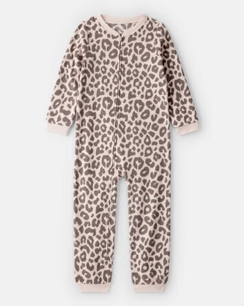 Girls Leopard Print Fleece Long-Sleeve Snug Fit 1-Piece Pajamas, 