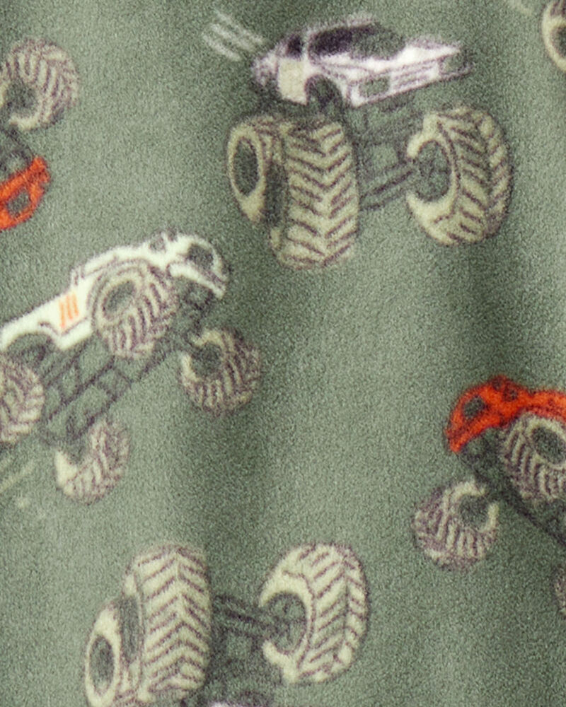 Kid 1-Piece Monster Truck Fleece Footie Pajamas - Green, image 2 of 3 slides
