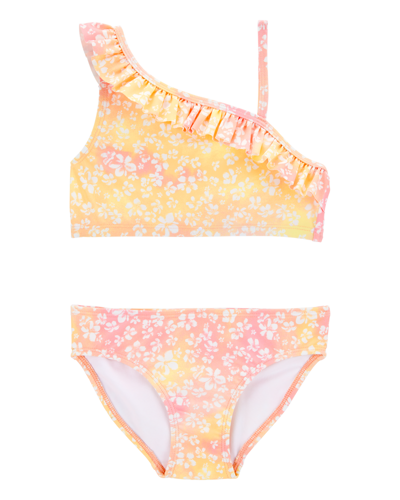 Kid 2-Piece Ruffle Floral Tie-Dye Swim Set - Pink/Yellow, image 1 of 5 slides