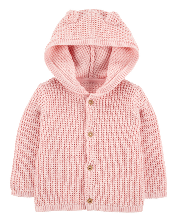 Baby Hooded Waffle Knit Cardigan - Pink, 