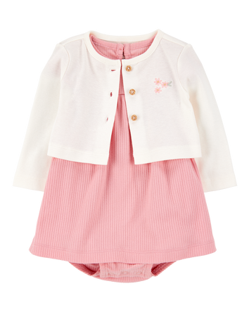 Baby 2-Piece Bodysuit Dress & Cardigan Set - Pink/Ivory, 