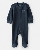Baby Boy Solid Cotton Long-Sleeve 2-Way Zip Sleep & Play Pajamas - Navy, image 1 of 5 slides