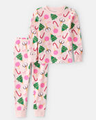 Toddler Christmas Ornament Print 100% Cotton Long-Sleeve 2-Piece Pajamas - Pink, image 1 of 3 slides