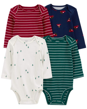 4-Pack Long-Sleeve Holiday Bodysuits, 