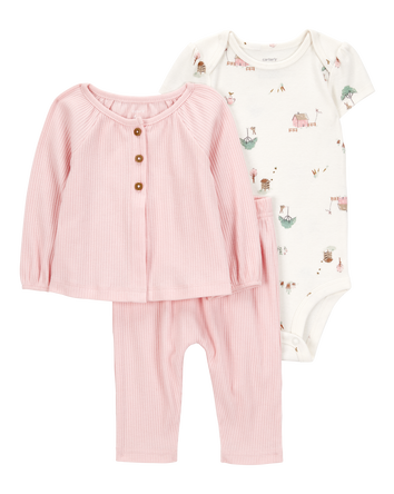 Baby 3-Piece Barn Print Little Cardigan Set - Pink/White, 
