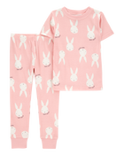 Baby Girl Bunny Print Easter Snug Fit Cotton 2-Piece Pajamas - Pink, image 1 of 3 slides