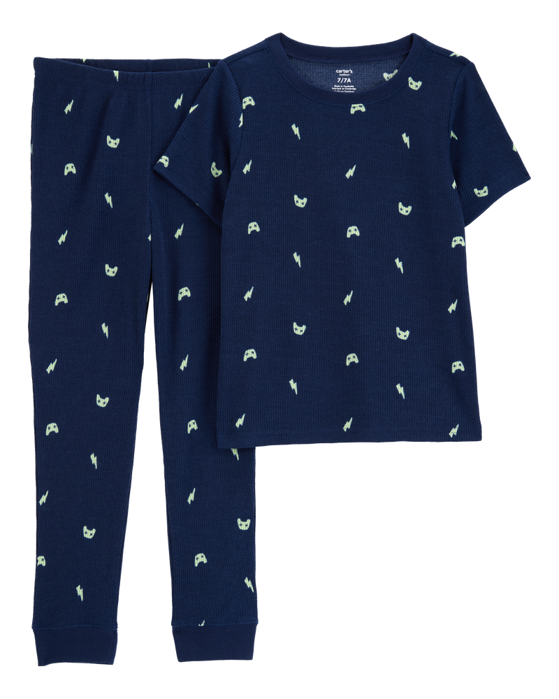 Boys Gamer Print Loose Fit Waffle Knit 2-Piece Pajamas - Navy, image 1 of 3 slides