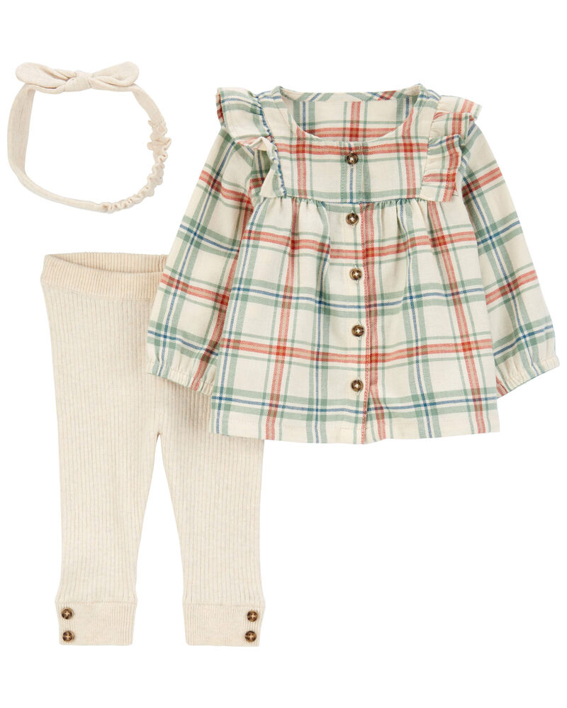 Baby 3-Piece Plaid Flannel Top & Ribbed Legging Set, image 1 of 3 slides