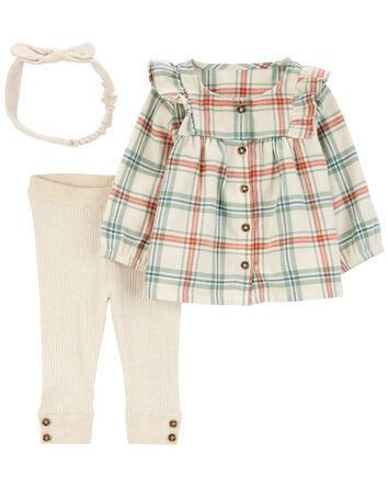 Baby 3-Piece Plaid Flannel Top & Ribbed Legging Set, 
