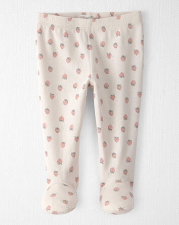 Baby Girl Organic Cotton Rib Footed Pants in Strawberry Print, 