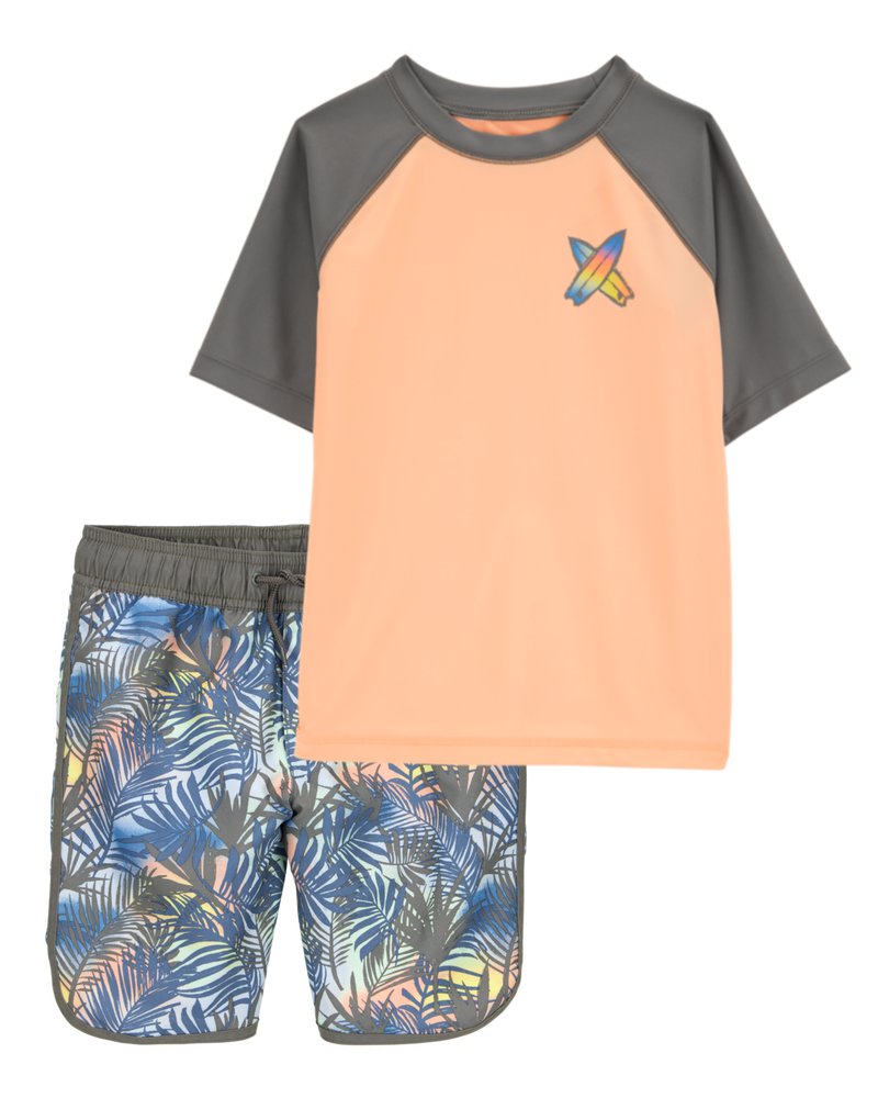 Kid 2-Piece Tropical Print Short-Sleeve Rashguard & Swim Trunks Set - Oragne/Grey, image 1 of 7 slides
