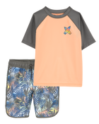 Kid 2-Piece Tropical Print Short-Sleeve Rashguard & Swim Trunks Set - Oragne/Grey, image 1 of 7 slides