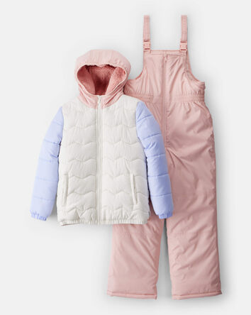 Girls 2-PIece Color Block Hooded Snowsuit Jacket & Bib Set, 