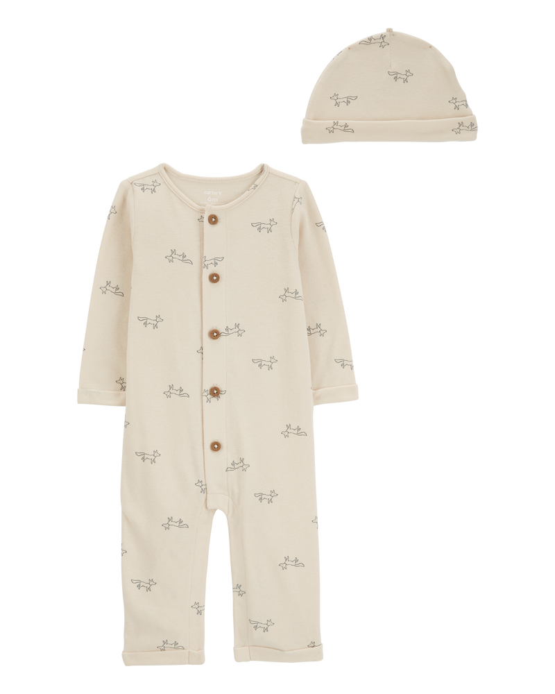 Baby 2-Piece  Button Jumpsuit & Cap Set, image 1 of 3 slides