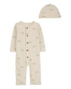 Baby 2-Piece  Button Jumpsuit & Cap Set, image 1 of 3 slides