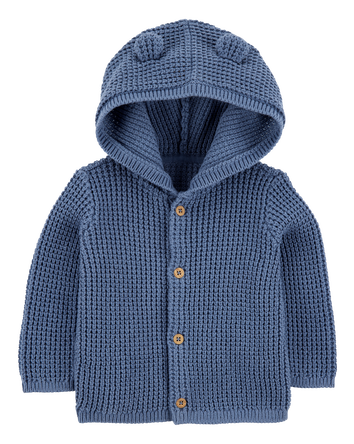 Baby Hooded Waffle Knit Cardigan - Navy Blue, 