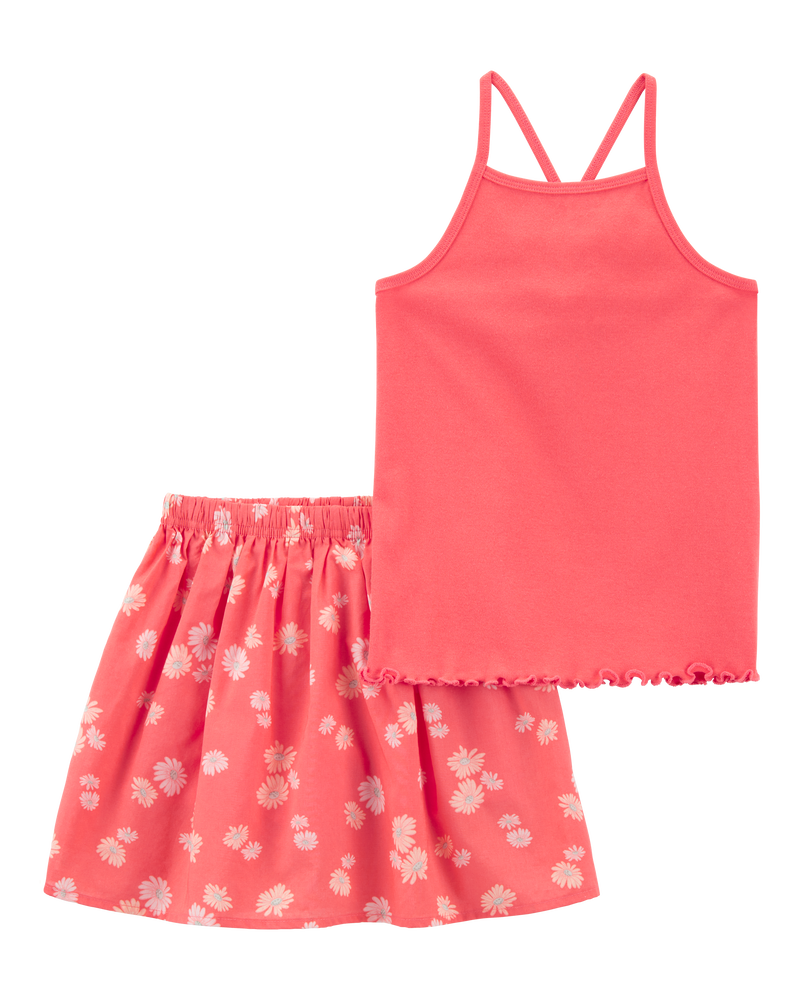 Kid 2-Piece Ribbed Tank & Floral Skort Set - Orange, image 1 of 5 slides