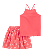 Kid 2-Piece Ribbed Tank & Floral Skort Set - Orange, image 1 of 5 slides