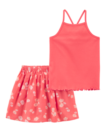 Kid 2-Piece Ribbed Tank & Floral Skort Set - Orange, 