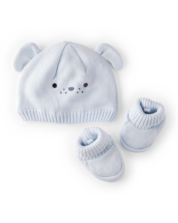 Baby 2-Piece Puppy Crochet Booties & Hat - Blue , 