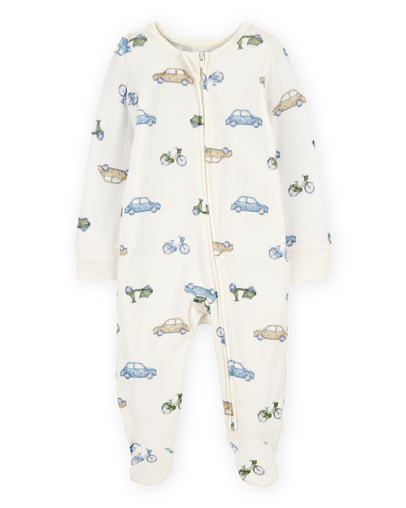 Baby Boy Car Print 2-Way Zip PurelySoft Sleep & Play Pajamas - Ivory, image 1 of 5 slides