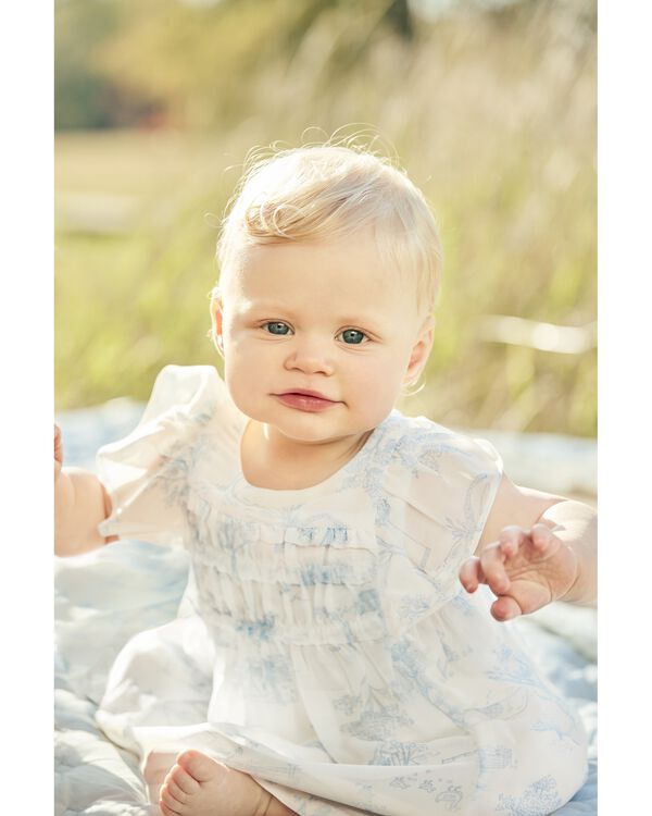 Blue/White Baby Toile Print Crepe Dress