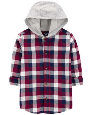 Kid Plaid Hooded Button-Down Shirt, 