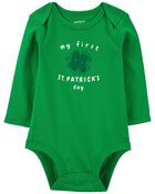 St Patrick's Day Ribbed Long-Sleeve Bodysuit - Green, image 1 of 3 slides