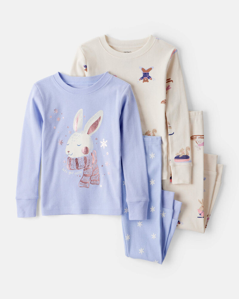 Baby Girl Bunny Winter Print 100% Cotton Long-Sleeve Snug Fit 4-Piece Pajamas - Blue/White, image 1 of 4 slides