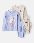 Baby Girl Bunny Winter Print 100% Cotton Long-Sleeve Snug Fit 4-Piece Pajamas - Blue/White, image 1 of 4 slides