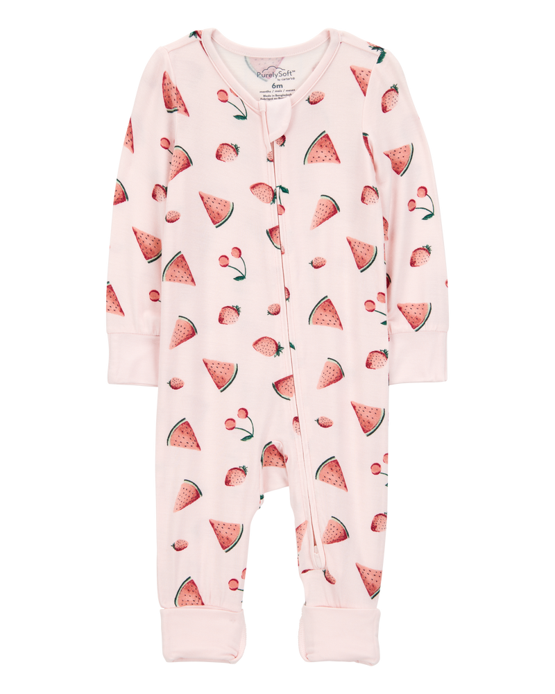 Baby Girl Fruit Print 2-Way Zip PurelySoft Convertible Foot Sleep & Play Pajamas - Pink, image 1 of 7 slides