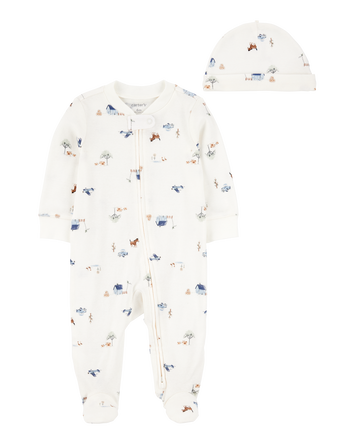 Baby 2-Piece 2-Way Zip Sleep & Play & Cap Set - Ivory/Blue, 