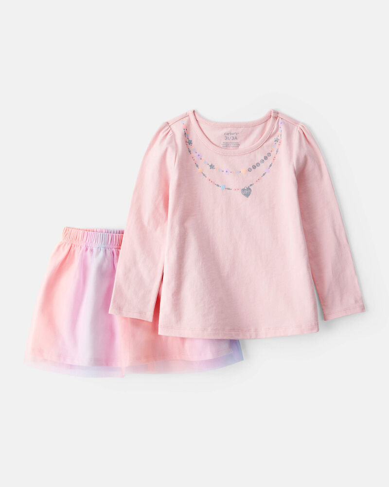 Toddler 2-Piece Necklace Printed Tee & Rainbow Skirt Set - Pink, image 1 of 6 slides